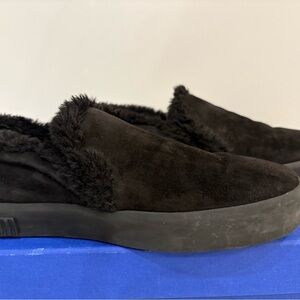 Stuart Weitzman Byrne Black Suede Slip Ons With Faux Fur Trim Size 6